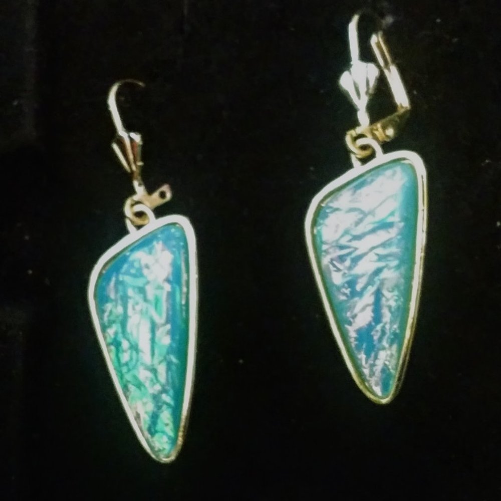 Opal Turquoise Diamond Triangle Shape Drop Lever Back Pierced Earrings